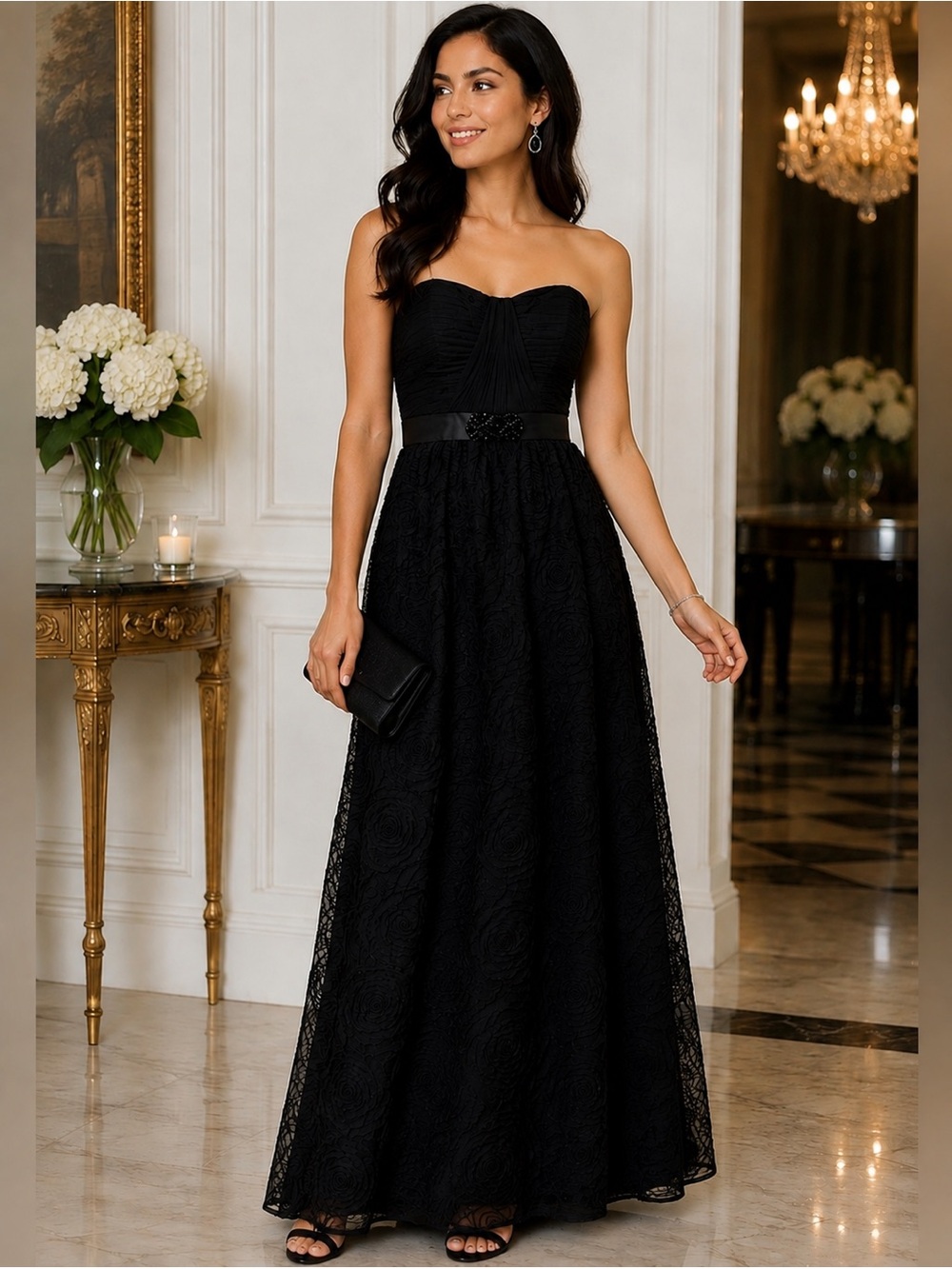 Cache Black Rosette Strapless Formal Maxi Gown Dress Size 8